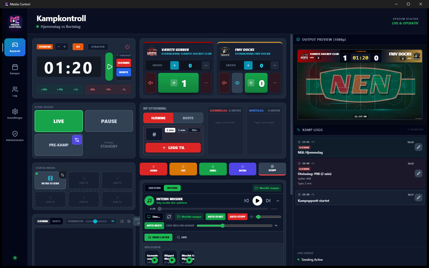 Media Control Kampkontroll, live dashboard med klokke, score, scener, musikk og forhåndsvisning